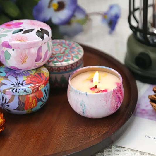 Hand-Poured Soy Scented Candle in Floral Tin Jar